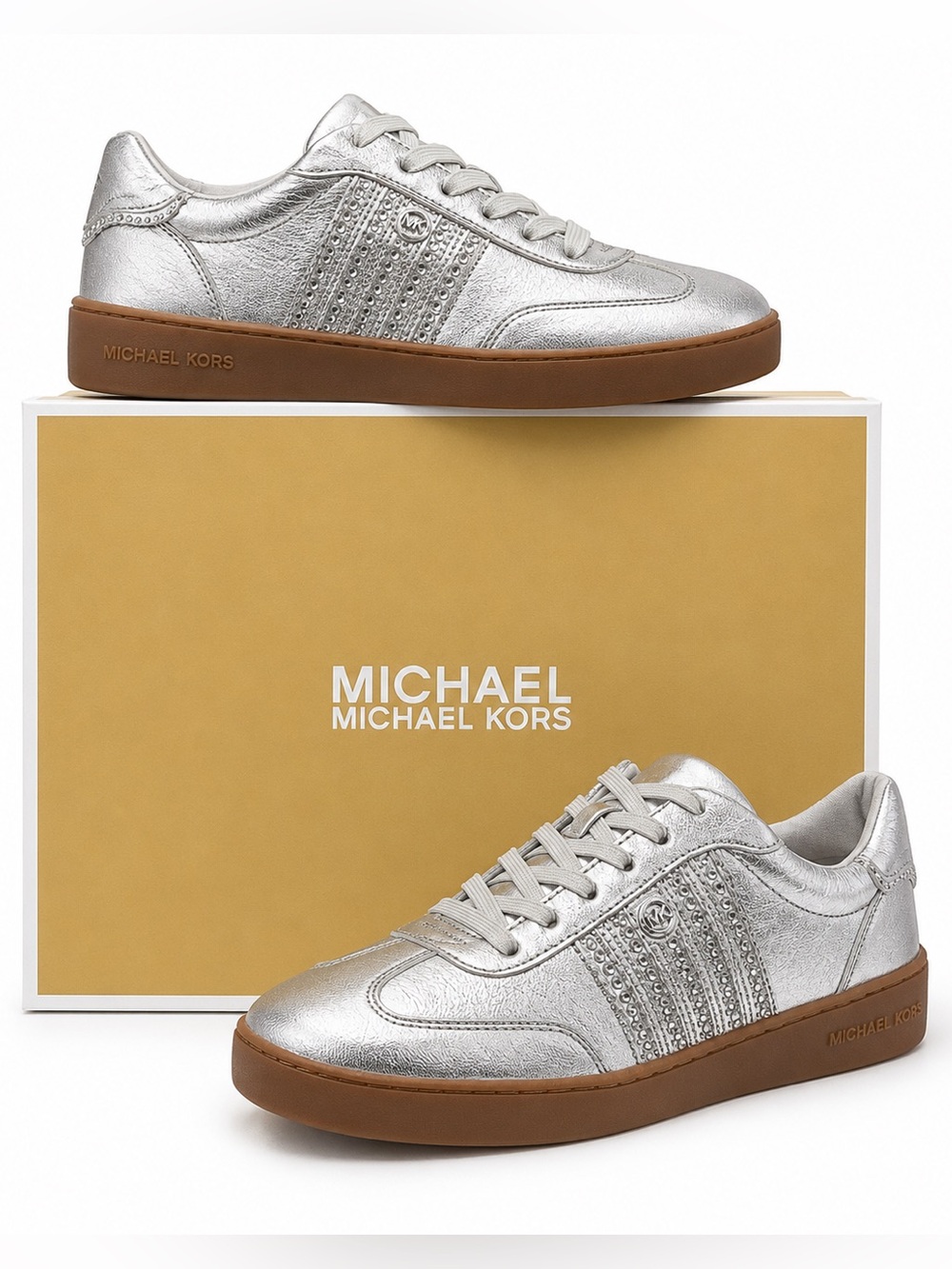Michael Kors Scotty Lace Up Metallic Silver w/Rhinestones Women's Sneakers 8